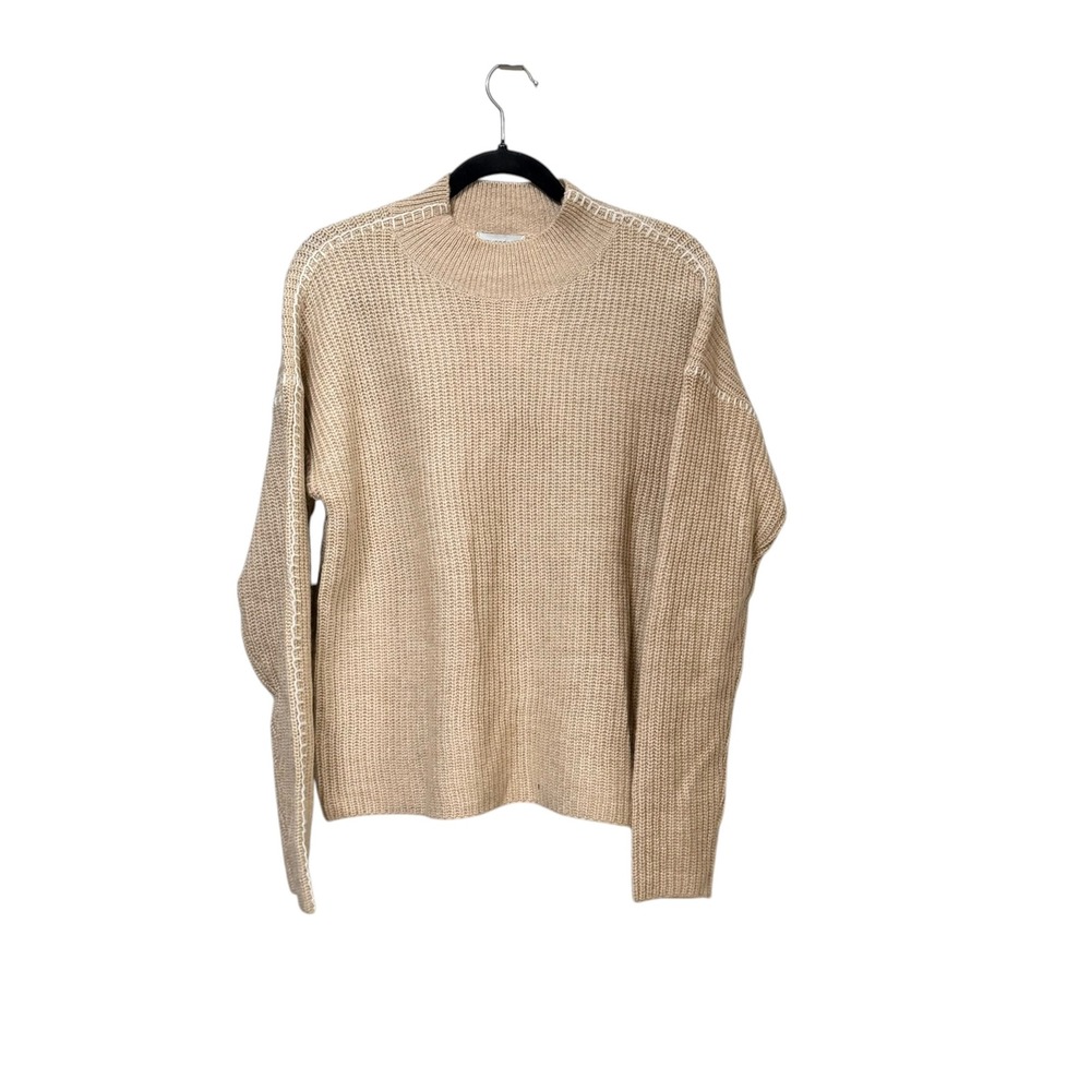 Evereve Womens Tan Ribbed Mock Neck Sweater Whipstitch Detail Size M
